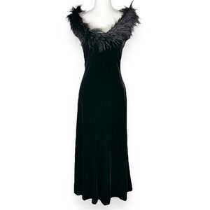 Jeffrey & Dara Vintage Velvet Ostrich Feather Midi Dress Women's Size 12 Black